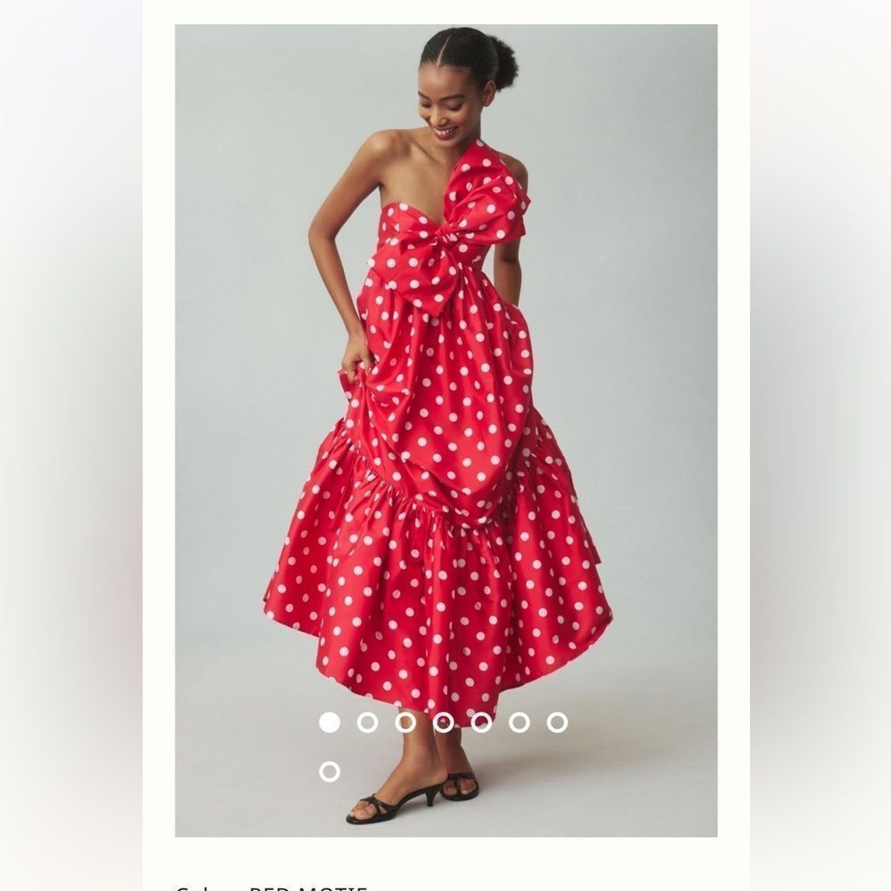 Atsu Sally Bow Midi Dress Red Polka Dot Motif by Anthropologie